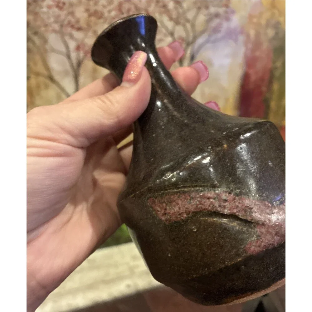 Vintage Signed Studio Pottery 1991 Tenmoku Stoneware Tokkuri Vase